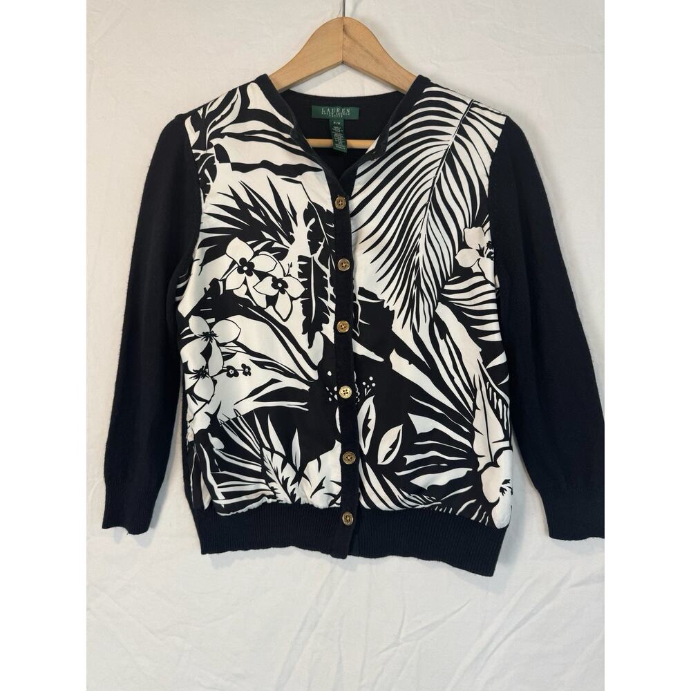 Lauren Ralph Lauren Cardigan‎ Silk/Cashmere Floral Button Up Black Size P/M